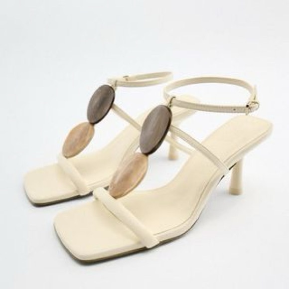 Zara ivory off white ecru brown stone detail strappy open toe heel sandals - Picture 7 of 10